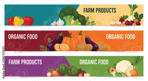 Collection of horizontal banners promotes organic food and fresh farm products with illustrations of various vegetables.