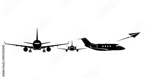 A collection of various aircraft silhouettes, including a large passenger plane, a smaller jet, and a paper airplane, all in black against a white background.