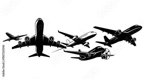 A collection of various airplanes in silhouette against a white background.