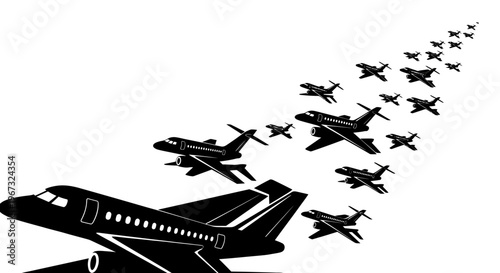 A fleet of airplanes flying in formation, symbolizing progress and journey.