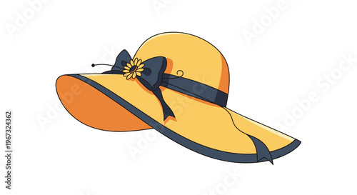 Stylish yellow straw hat with a wide brim and a dark navy ribbon decorated with a small flower for sunny weather.