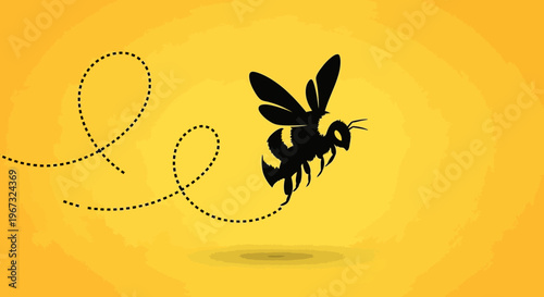 A solitary bee in flight, leaving a dotted trail on a vibrant yellow background, symbolizing movement and nature.