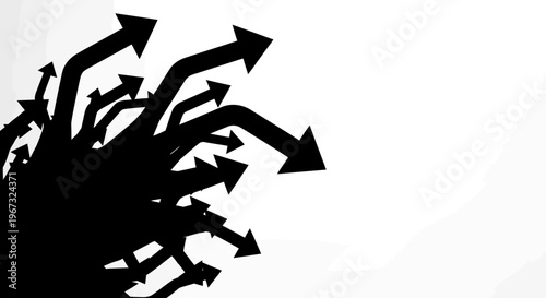 Abstract Black Arrows Pointing in Multiple Directions on White Background.