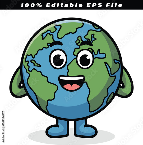 Earth globe character illustration standing cheerfully with wide eyes and a happy smile, symbolizing global unity, environmental awareness, and the interconnectedness of all nations, perfect for.