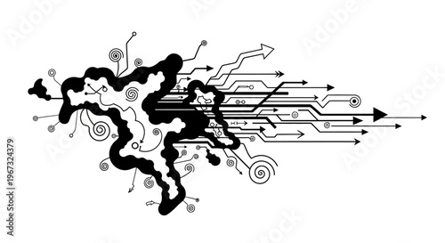 Abstract digital brain with circuit board connections and arrows representing data flow and thought processes.