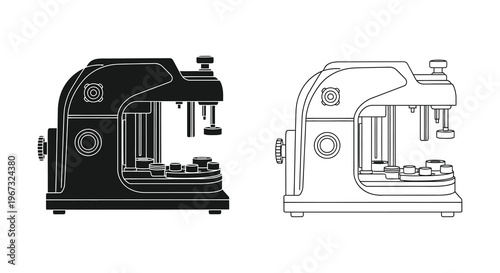 Two detailed illustrations of a vintage sewing machine contrasting tones silhouette