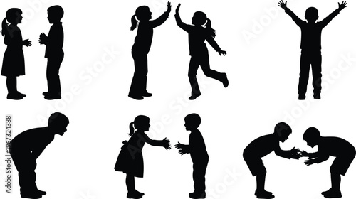 Collection of children silhouettes playing and high-fiving, black vector silhouettes of boys and girls isolated on a white background, childhood.