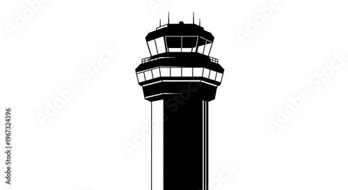 Air Traffic Control Tower Silhouette Isolated on White Background.