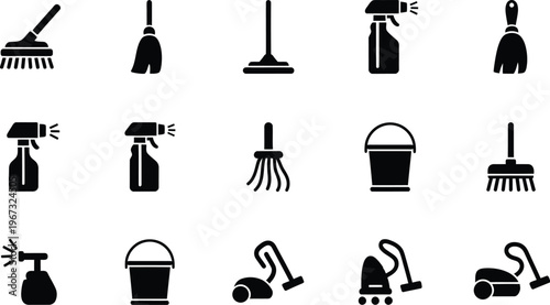 Essential vector icon set of household cleaning equipment, showcasing tools for effective maintenance and hygiene concepts
