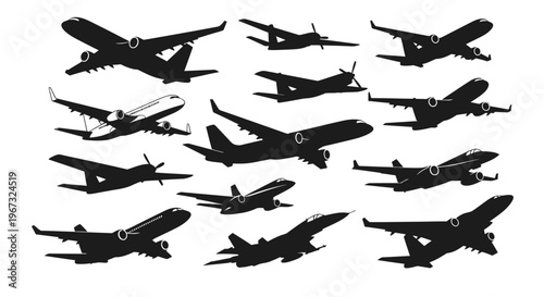 Collection of various airplane silhouettes in different flight positions.