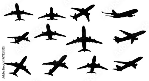 Collection of various airplane silhouettes in different flight positions.