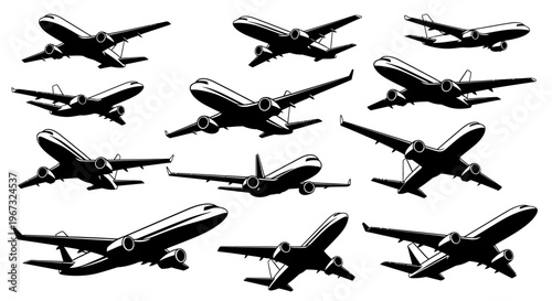 Collection of various airplane silhouettes in different flight positions.