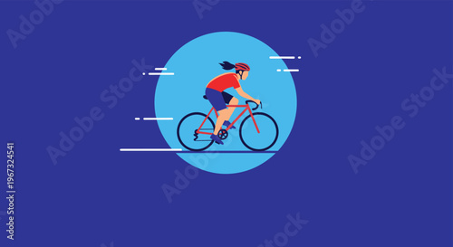 Female cyclist in a red jersey and blue shorts rides a bicycle fast against a blue circular background with motion lines.