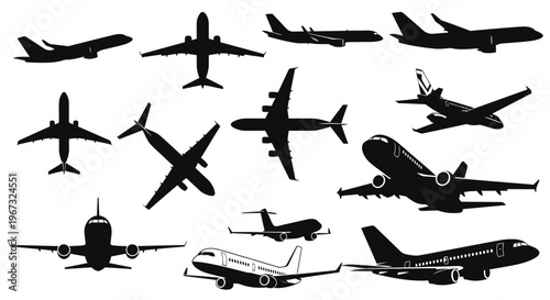 Collection of various airplane silhouettes in different flight positions.