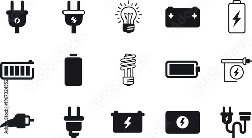 Comprehensive set of electricity icons illustrating power, charging, and energy solutions for various electronic devices and infrastructure
