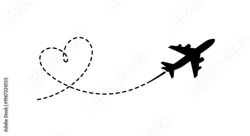 Airplane flying with a heart-shaped dotted line path, symbolizing love for travel and adventure.