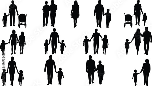 Family silhouette illustration, parents and children walking together, holding hands, pushing stroller artwork, retro design, vintage people relationship icon