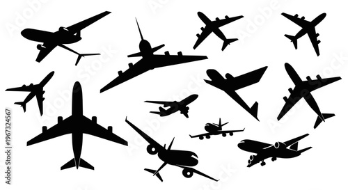 Collection of various airplane silhouettes in different flight positions.