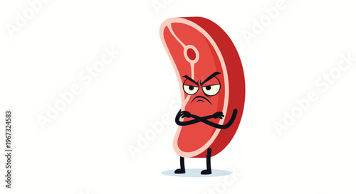 Grumpy cartoon beef steak character stands with crossed arms and an angry facial expression for food humor projects.