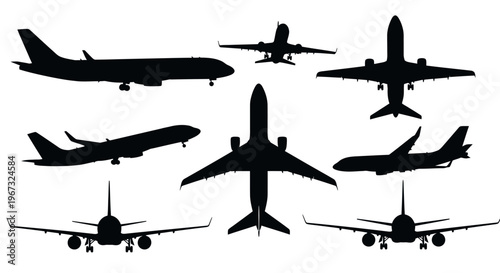 Collection of various airplane silhouettes in different flight positions, showcasing modern air travel and aviation industry.