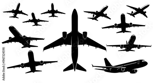 Collection of various airplane silhouettes in different orientations.