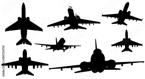 Collection of various airplane silhouettes in flight.