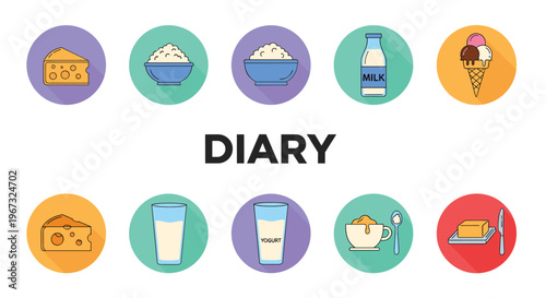 Selection of dairy product icons including milk cheese yogurt and ice cream arranged in a neat colorful grid layout.