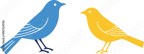 Blue and yellow bird silhouettes facing each other isolated on white background, colorful avian vector illustration for nature and wildlife design.