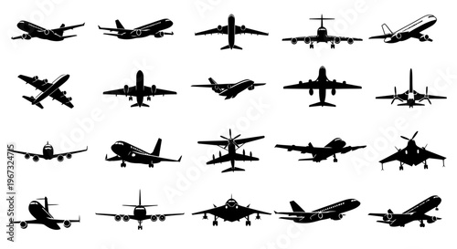 Collection of various airplane silhouettes in flight and on the ground.