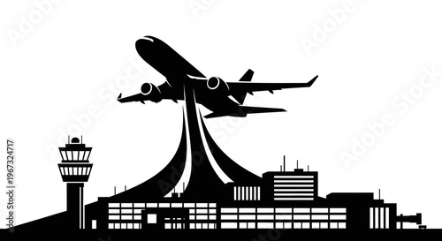 Silhouette of an airplane taking off from an airport with control tower and terminal buildings.