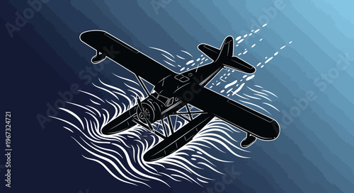 Seaplane silhouette on water, vector illustration.