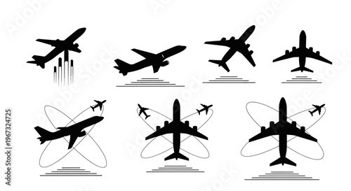 Set of airplane silhouettes taking off and flying.