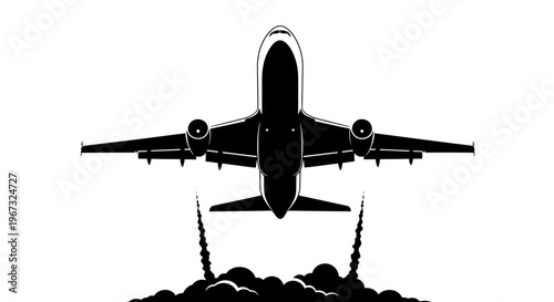Airplane taking off with smoke trail, black and white illustration.