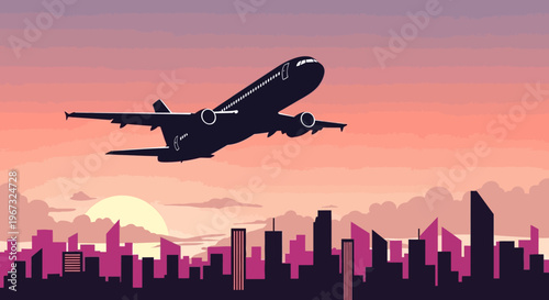 Airplane taking off over a city skyline at sunset.