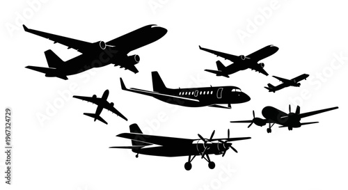 Collection of various airplane silhouettes in flight.