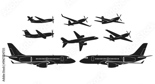 Collection of various airplane silhouettes, including passenger jets and propeller planes, showcasing different aircraft designs and flight configurations.