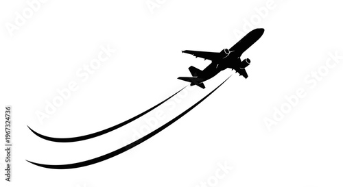 Silhouette of an airplane taking off, leaving a trail behind it, against a white background.