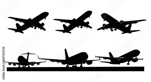 Set of airplane silhouettes taking off and landing on a runway.