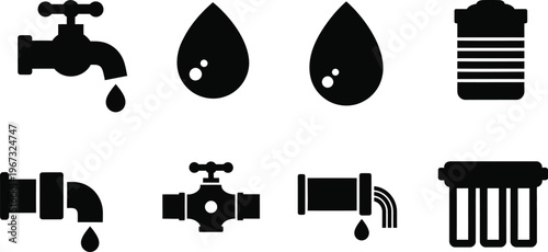 Versatile collection of water and plumbing system icons featuring faucets, drops, pipes, valves, and purification filters