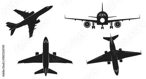 Set of four airplane silhouettes in various flight positions.