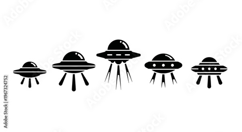 Set of five black flying saucer icons on white background.