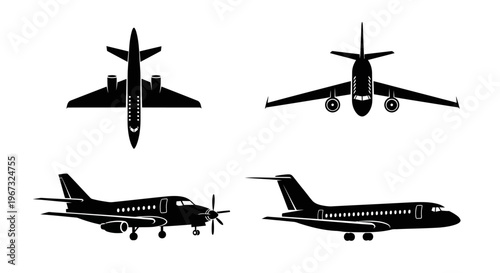 Set of four airplane silhouettes, showing different views and types of aircraft.