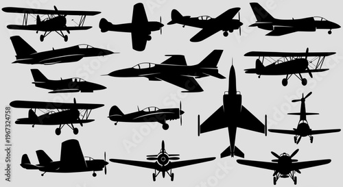 Collection of various airplane silhouettes on a light background.