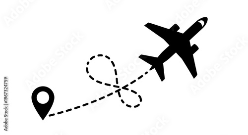 Airplane travel route with location pin icon.