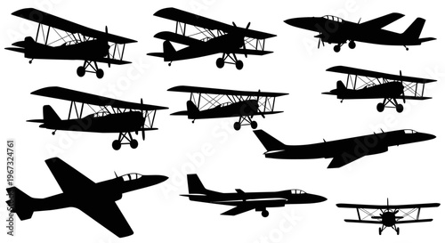 Collection of various airplane silhouettes, including biplanes and modern jets, on a white background.