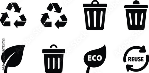 Recycling and Waste Management Icons Trash Cans, Recycle Symbols, and Eco-Friendly Leaf Icons for Sustainability