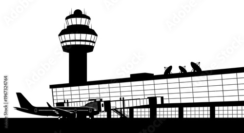 Silhouette of an airport terminal with a control tower and an airplane.