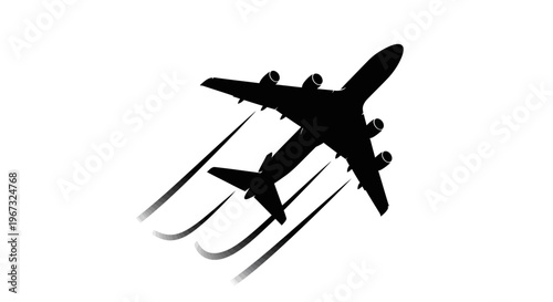 Silhouette of an airplane taking off with trails.