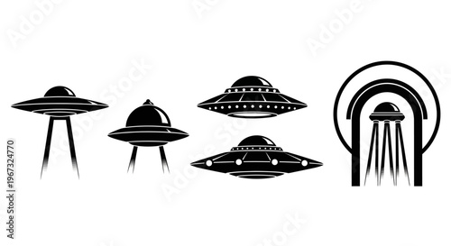 Set of five different flying saucer designs in black and white.