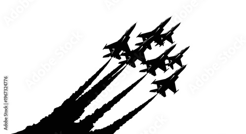 Silhouette of fighter jets flying in formation, leaving smoke trails against a white background, showcasing aerial acrobatics and military precision.